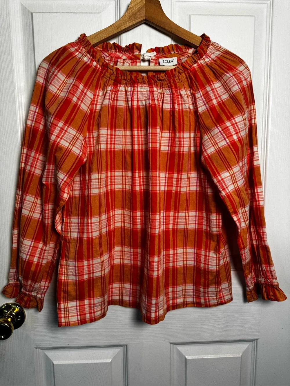 J.Crew Orange Plaid Ruffle Neck Cotton Blouse XXS Peasant Top Fits Size Small